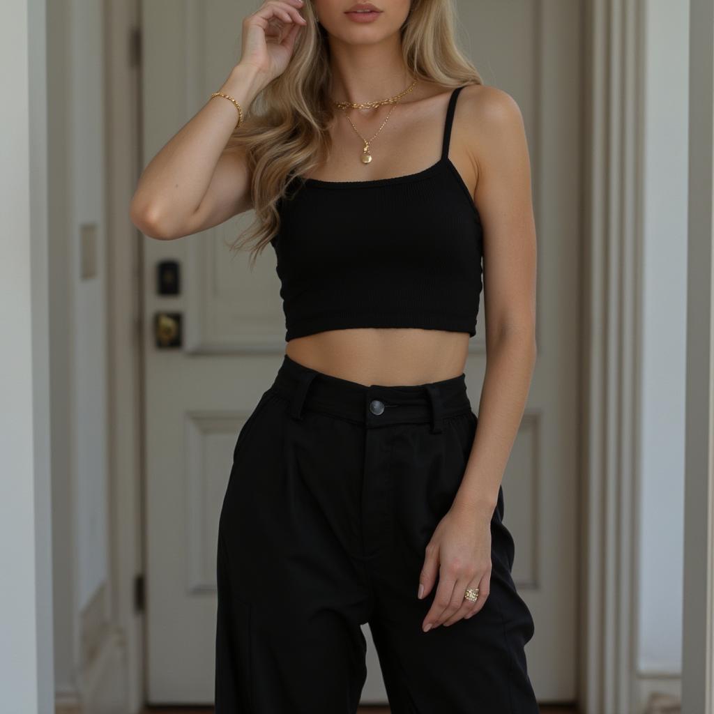 Phối áo croptop với quần ống rộng đen