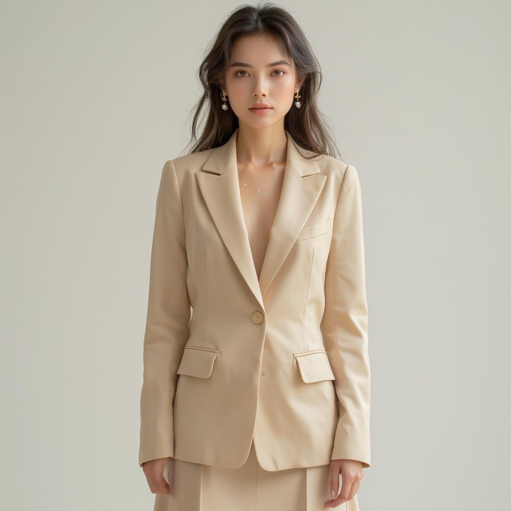 Chân váy màu be kết hợp áo blazer be